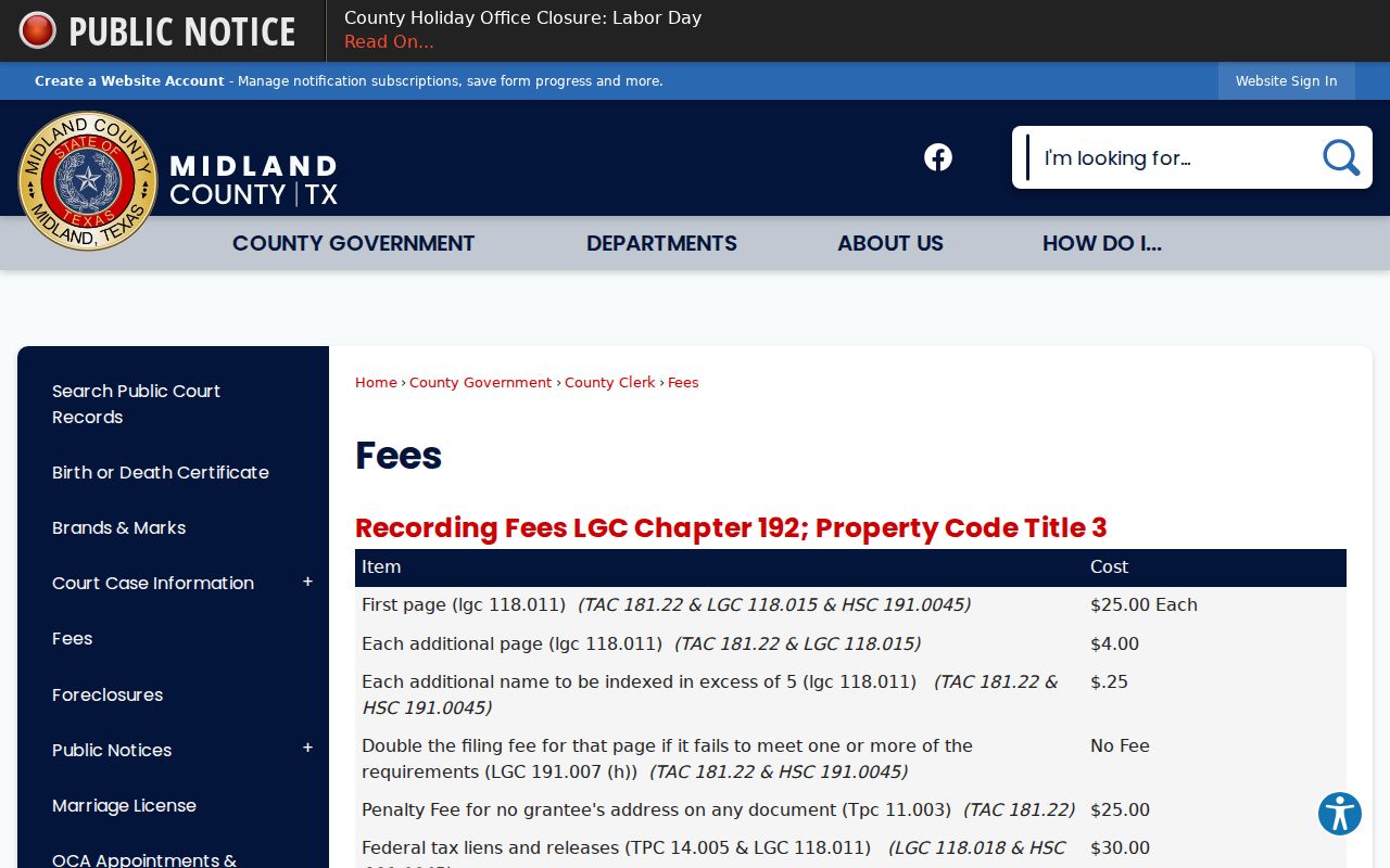 Midland County court record copy and certification fee schedule