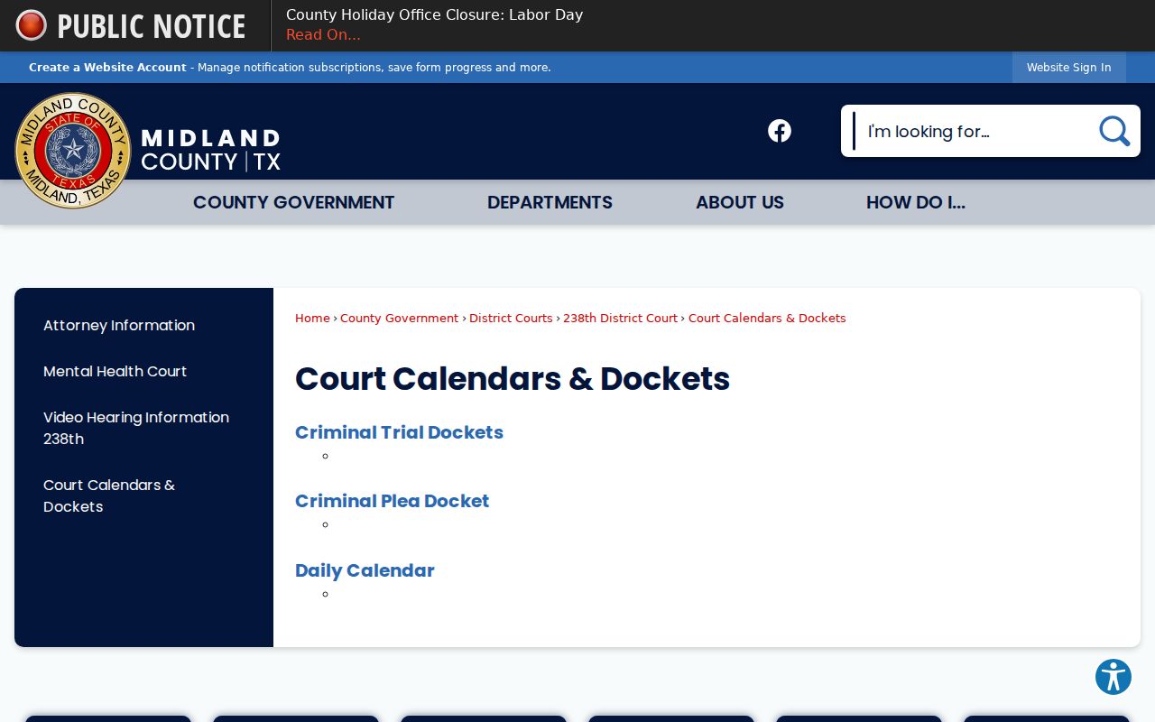 Midland County court dates on the 238th District Court calendar index