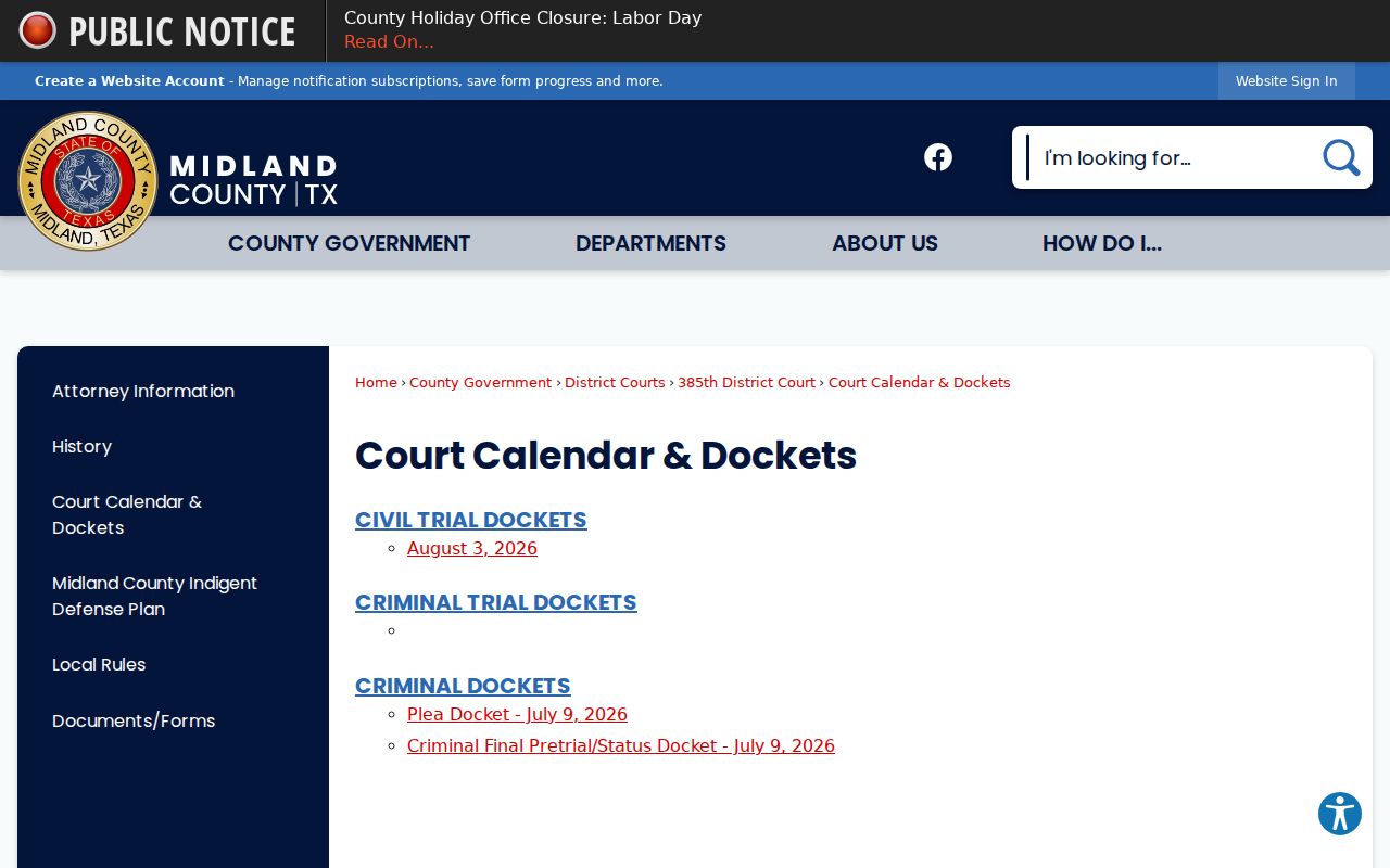 Midland County court dates on the 385th District Court docket index