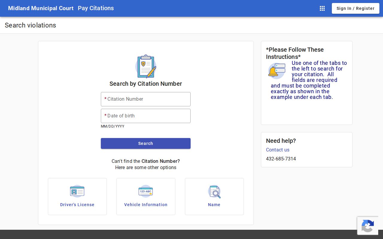 Midland County traffic ticket search cards in the municipal portal
