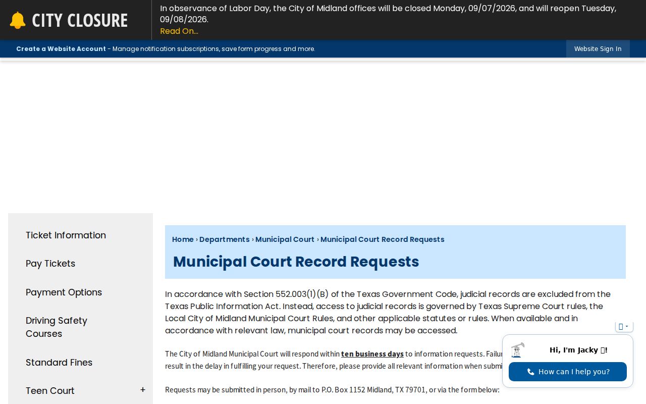 Midland County court record request options for Municipal Court