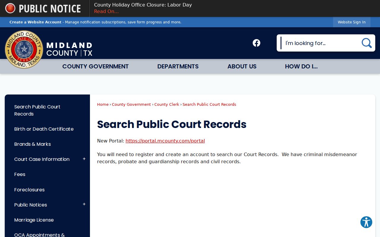Midland County court docket public portal access notice